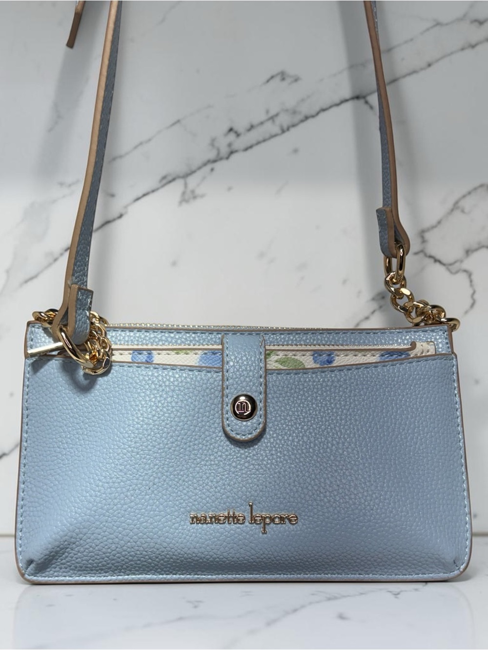Nanette Lepore Blue Floral Crossbody Wallet Purse Adjustable Strap